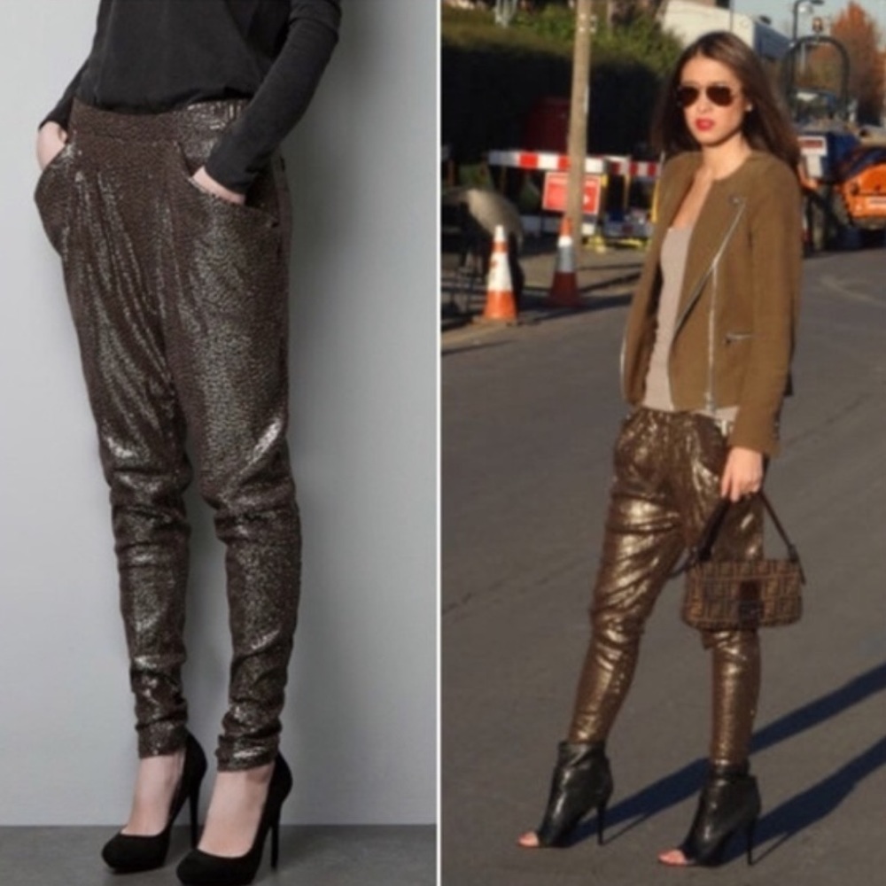 Zara Bronze Sequined Harem Pants / Joggers Size S